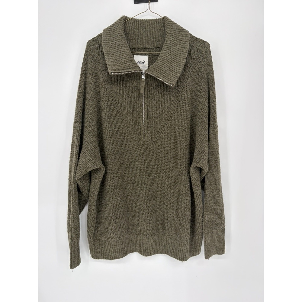 Aerie CozyUp Oversized Waffle Knit Quarter Zip Sweater In Olive Green Size M